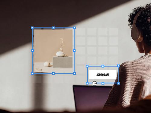 Ein Webdesign-Mockup zeigt ein Bildfeld und einen „IN DEN WARENKORB“-Button, beide mit blauen Auswahlrahmen hervorgehoben, neben einem Raster-Layout.