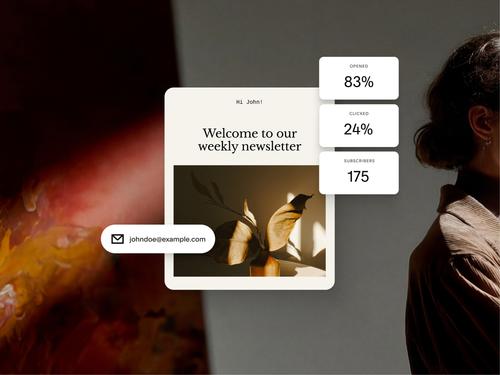 Ein Design für einen E-Mail-Newsletter zeigt Statistiken zu einer E-Mail-Kampagne, darunter 83 % geöffnet, 24 % angeklickt und 175 Abonnenten.