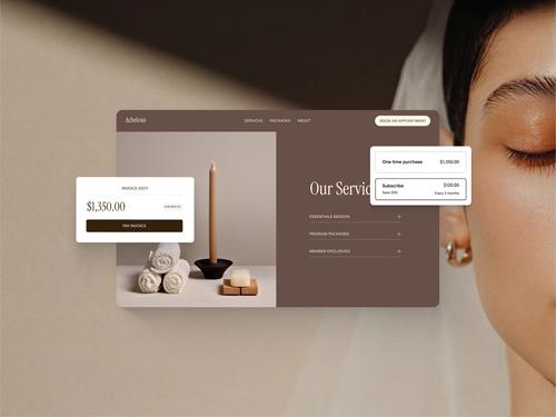 Ein Website-Mockup für ein dienstleistungsbasiertes Unternehmen mit zusätzlicher Benutzeroberfläche für den Einmalkauf oder den Abschluss eines Abonnements sowie einer individuell gestalteten Rechnung, die zum Design und Erscheinungsbild der Website passt.
