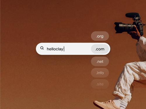 Eine Suchleiste, die eine Suchanfrage für einen benutzerdefinierten Domainnamen anzeigt, mit einem Dropdown-Menü, das verschiedene Domain-Endungen wie .com, .org, .net, .info und .site auflistet.