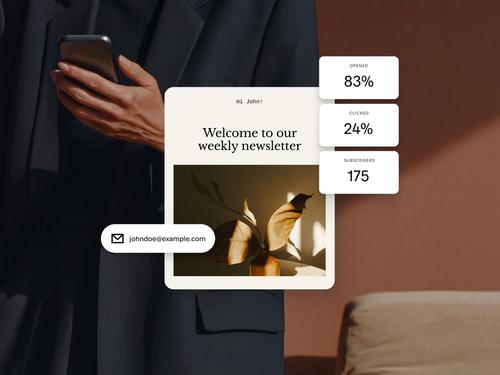 83% 열람률, 24% 클릭률, 175명의 구독자 등 이메일 캠페인 통계를 보여주는 이메일 뉴스레터 디자인