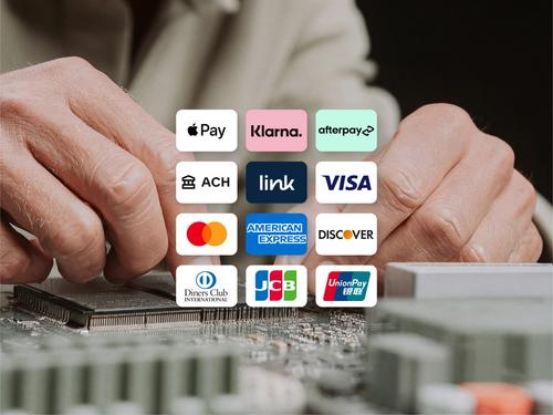 Apple Pay, Klarna, Afterpay, ACH, Visa, Mastercard, American Express, Discover 등 다양한 글로벌 결제 수단 및 신용 카드의 로고가 배열된 그리드.