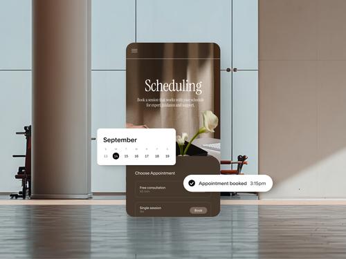 9월 달력과 ;무료 상담' 등의 예약 유형 선택 항목, 오후 3:15에 예약이 완료되었음을 보여주는 모바일 예약 인터페이스