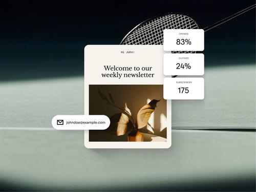 83% 열람률, 24% 클릭률, 175명의 구독자 등 이메일 캠페인 통계를 보여주는 이메일 뉴스레터 디자인