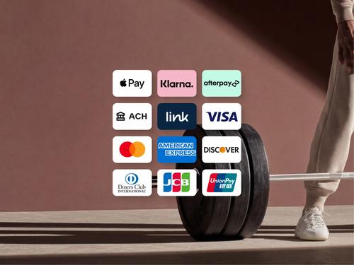 Apple Pay, Klarna, Afterpay, ACH, Visa, Mastercard, American Express, Discover 등 다양한 글로벌 결제 수단 및 신용 카드의 로고가 배열된 그리드.
