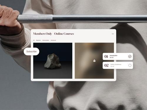 이미지 타일과 강의 목록을 표시하고, '구독하기' 버튼과 함께 유료 또는 제한된 멤버십 기능을 나타내는 '회원 전용 온라인 강좌' 인터페이스